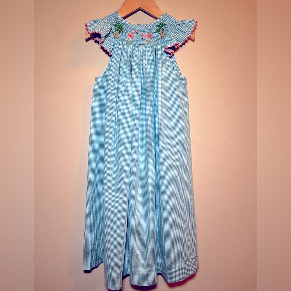 🦩VIVA LA FETE Flamingo Smocked Blue White Gingham Girls Long Dress Size 6